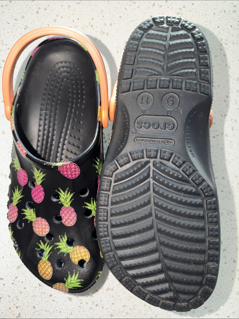 CROCS Black Clogs with Pink & Yellow Pineapple Print and Orange Strap
